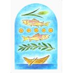 久住友里　ポストカード　「5つのパンと2匹の魚、ガリラヤ湖に浮かぶ主の舟、オリーブ、麦」